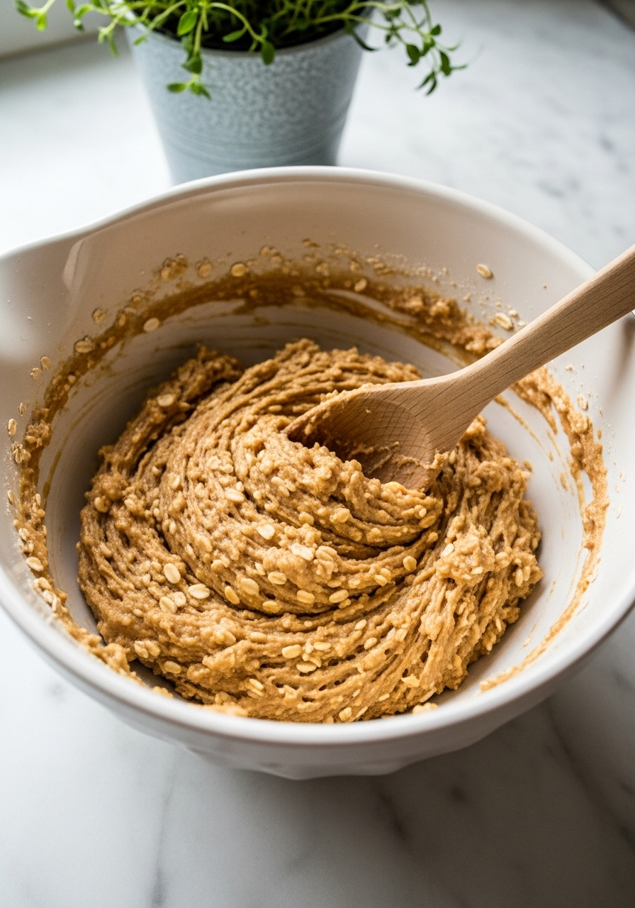 An action shot focusing on the mixing process: a ceramic bowl filled with the cookie dough mixture (mashed banana, peanut butter, maple syrup, oats), with a sturdy wooden spoon gently folding the ingredients together. The focus is on the rich, creamy texture of the dough. The setting is on the marble countertops with natural morning light, a fresh herb pot in the background. No hands or people are visible.
