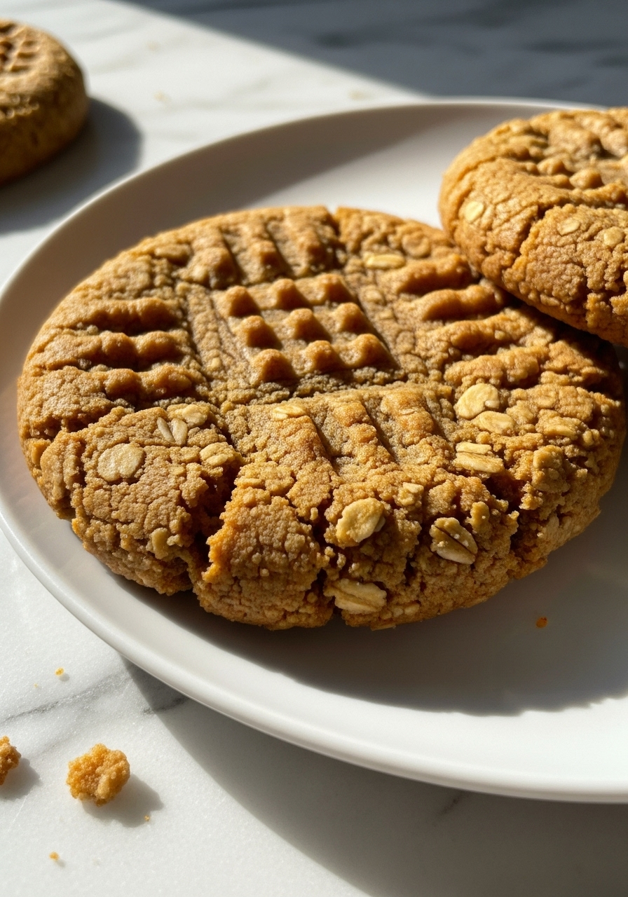 A close-up detail shot of a freshly baked healthy peanut butter oat cookie, showcasing its golden-brown edges, the characteristic fork indentations, and the visible oat texture. The cookie is resting on a minimalist white plate, with a subtle crumb nearby on the marble countertop. Soft morning light creates a mouth-watering allure, with warm tones and soft shadows. No hands are visible.