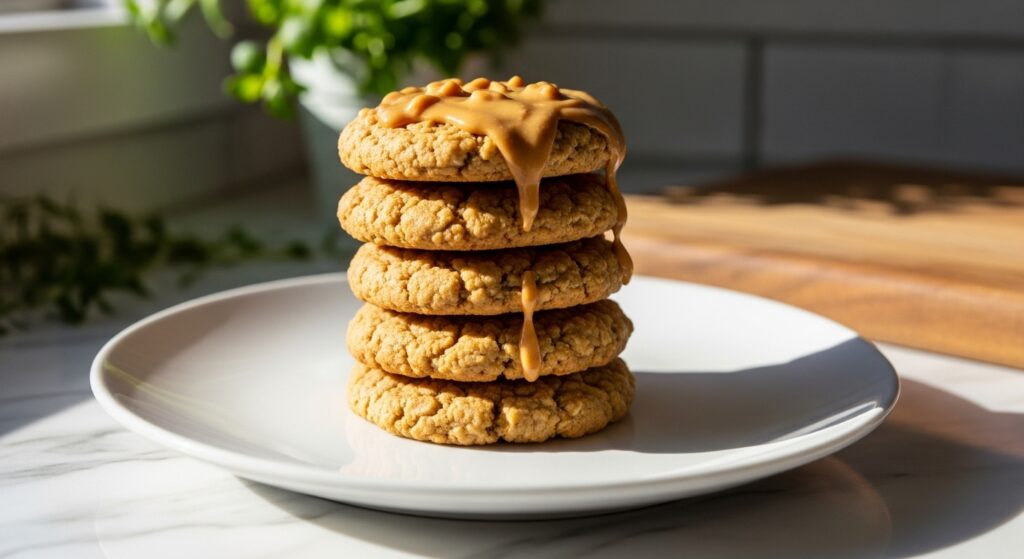A beautifully arranged stack of five golden-brown healthy peanut butter oat cookies on a minimalist white plate, drizzled lightly with a touch of extra peanut butter. The scene is bathed in natural morning light from an east window, highlighting soft shadows on the marble countertops. Fresh herbs are blurred gently in the background, and the trusty wooden cutting board is subtly visible beneath the plate. The presentation is clean, tidy, and inviting, emphasizing the chewy texture and delicious appeal of these homemade cookies, no hands visible.