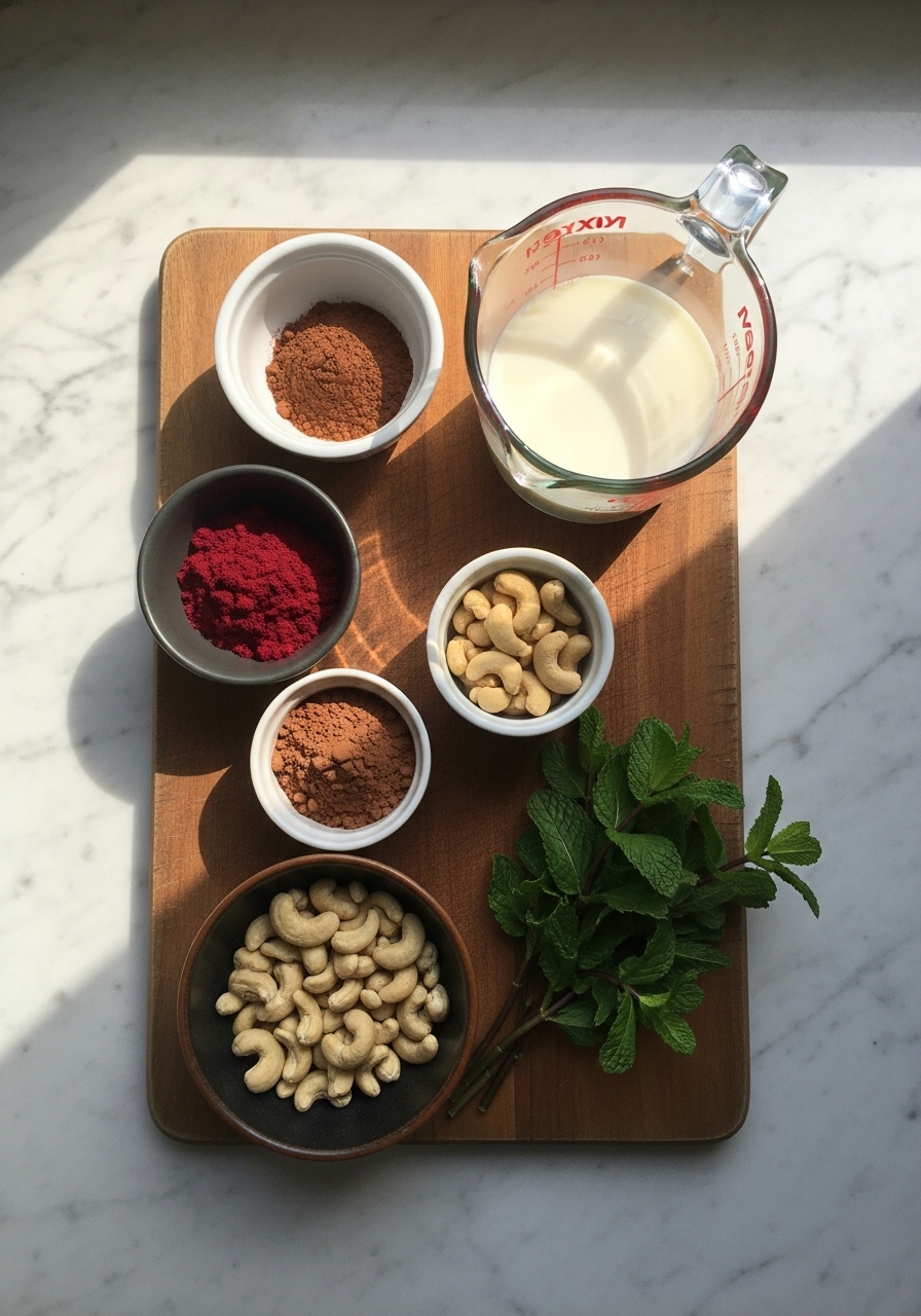 A 3:4 overhead shot of key ingredients for healthy red velvet pancakes artfully arranged on the same wooden cutting board. Visible items include small bowls of beetroot powder, cocoa powder, raw cashews, a measuring cup with almond milk, and a sprig of fresh mint. The scene is set on a marble countertop under natural morning light from an east window, featuring soft shadows and warm tones with a clean and tidy presentation. No hands or people.
