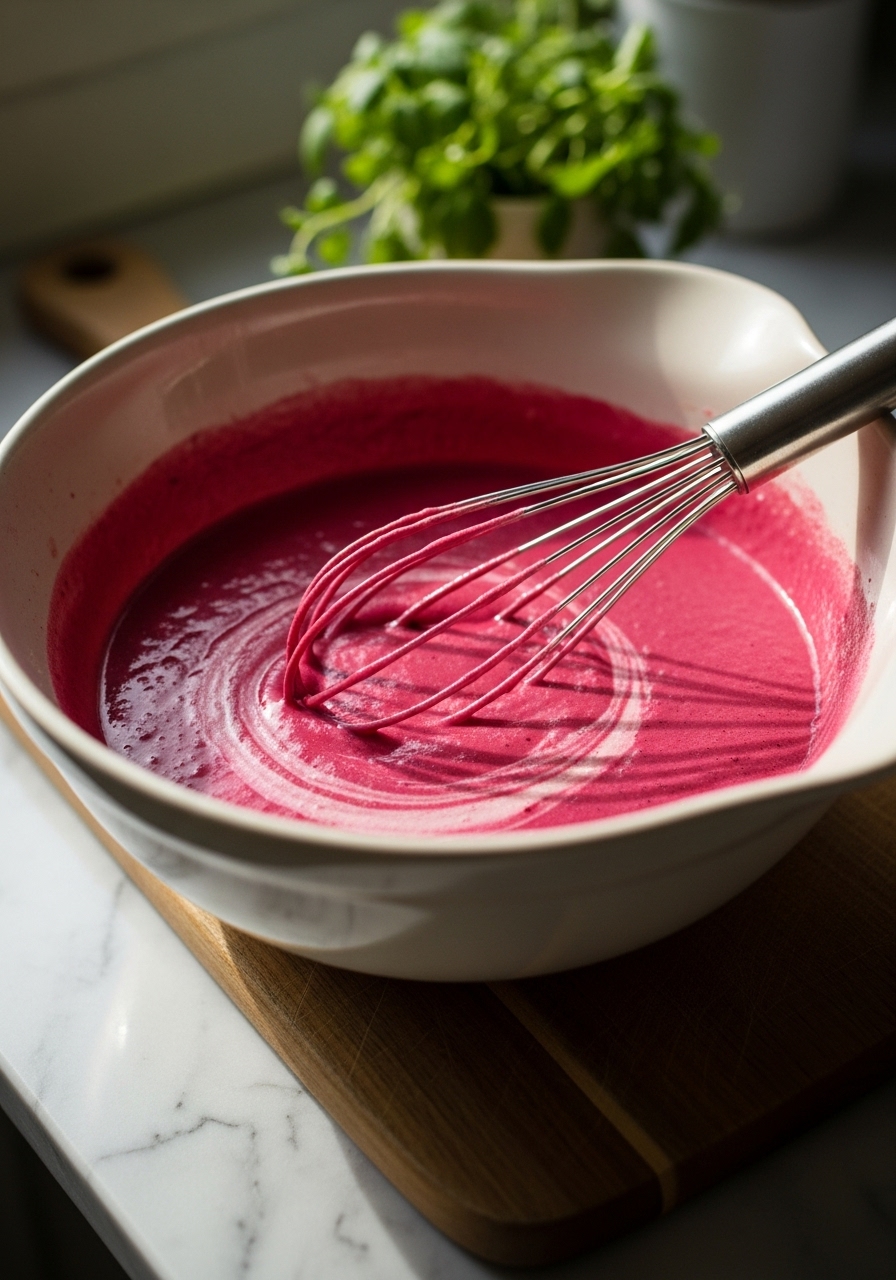 A 3:4 action shot depicting a ceramic bowl filled with vibrant, naturally red pancake batter, with a whisk resting gently in it. A subtle swirl of the batter reveals its creamy texture. The bowl sits on a marble countertop next to the same wooden cutting board. Natural morning light highlights the rich color of the batter, creating soft shadows and warm tones. Fresh herbs are present in the soft-focus background. No hands or people.