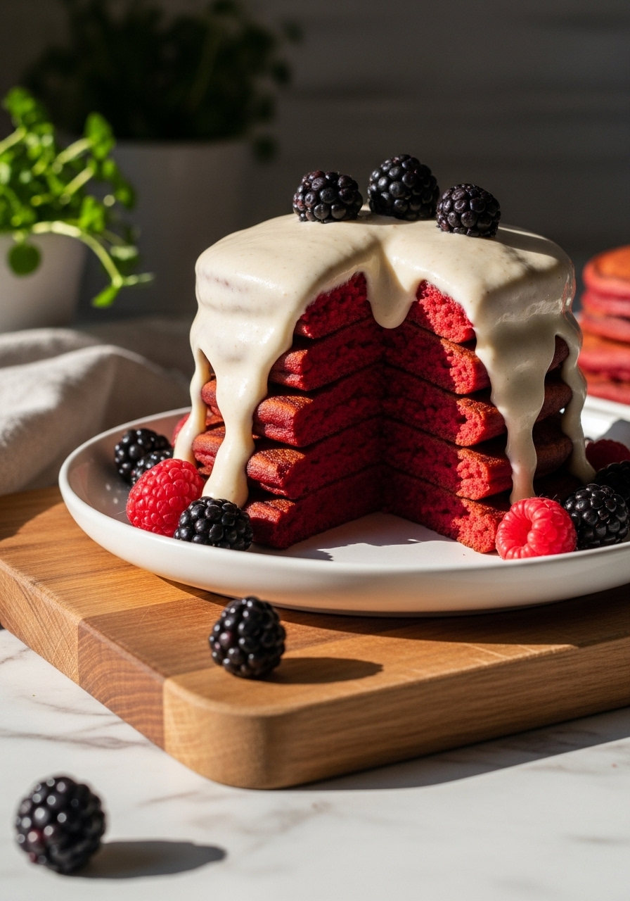 A 3:4 close-up detail shot of a stack of healthy red velvet pancakes, showcasing their fluffy interior and the invitingly thick, creamy cashew frosting generously dripping down the sides. The pancakes are on a minimalist white plate, adorned with a scattering of fresh berries. The scene is positioned on the same wooden cutting board on a marble countertop, bathed in natural morning light, with warm tones and soft shadows. Fresh herbs are visible in the background. No hands or people.