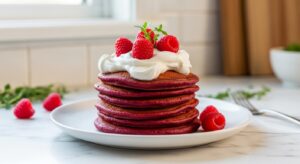 A beautifully styled stack of mouth-watering healthy red velvet pancakes, generously topped with fluffy whipped coconut cream and fresh raspberries, set on a minimalist white plate. The scene is bathed in natural morning light from the east window, resting on marble countertops with subtle wood accents in the background. Fresh herbs are visible, adding a touch of green, and the clean and tidy presentation has soft shadows and warm tones, embodying genuine love for the process. No hands visible.
