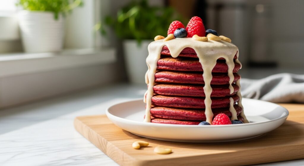 A beautifully composed 16:9 hero shot of a tall stack of mouth-watering healthy red velvet pancakes, richly colored, generously drizzled with creamy cashew frosting, and garnished with a few fresh raspberries and blueberries. The stack rests on a minimalist white plate, positioned on the same wooden cutting board on a marble countertop. Natural morning light from an east window illuminates the scene, casting soft shadows and highlighting the warm tones. Fresh herbs are subtly visible in the soft-focus background, creating a clean and tidy, yet authentic kitchen atmosphere. No hands or people.