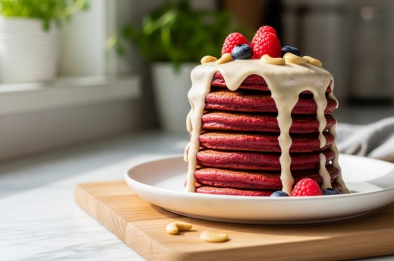 Healthy Red Velvet Pancakes with Cashew Frosting