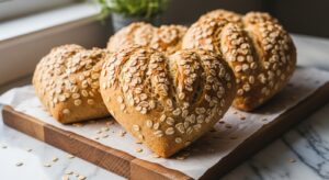 A beautifully composed, warm-toned 16:9 hero shot of several golden brown Heart Shaped Whole Wheat Bread loaves, scattered generously with old-fashioned oats. They are artfully arranged on the familiar wooden cutting board, resting on parchment paper on the marble countertops. Natural morning light from the east window casts soft, inviting shadows. A sprig of fresh herbs is subtly visible in the soft background, adding a touch of lived-in charm. No hands or people.