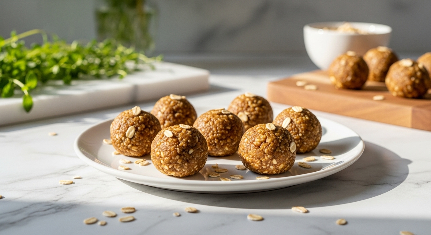 A beautifully composed, eye-level shot of several high-protein apple butter energy bites arranged artfully on a minimalist white plate on marble countertops with wood accents, bathed in natural morning light. Fresh herbs are visible in the soft-focused background, emphasizing warmth and coziness. The bites have a delicious, firm texture, with a few artful oat crumbs around them. No hands visible.