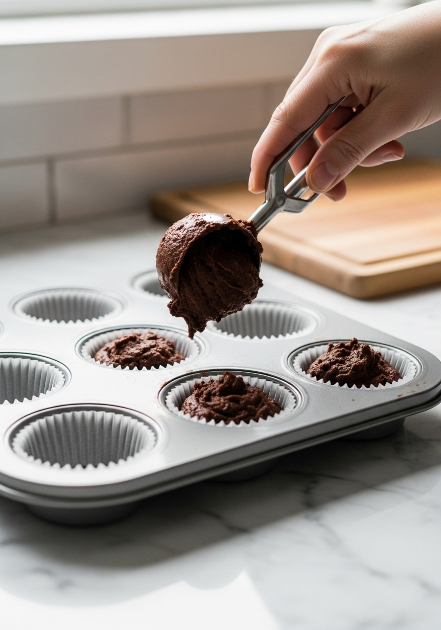 A 3:4 action shot (without hands) focusing on high protein chocolate muffin batter being carefully scooped into paper liners in a muffin tin. The muffin tin rests on the marble countertops, capturing the rich, dark batter. Soft natural morning light from the east window highlights the texture of the batter and the clean, tidy kitchen environment. The same wooden cutting board is just visible in the background, without any visible hands.