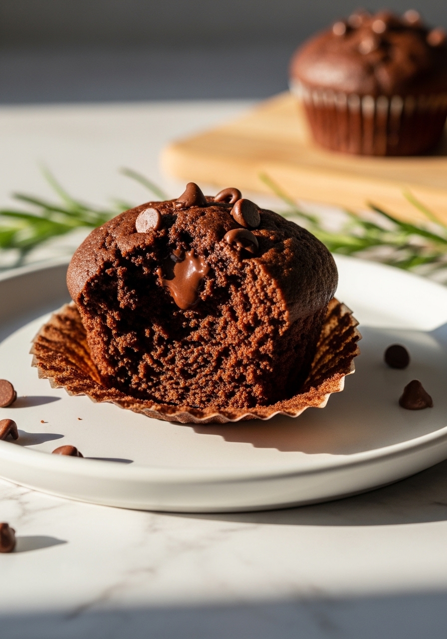 A 3:4 close-up detail shot of a freshly baked, impossibly moist high protein chocolate muffin, broken open slightly to reveal its tender, chocolatey crumb and melted sugar-free chocolate chips. The muffin sits on a minimalist white plate on the marble countertops, with soft shadows and warm tones from the natural morning light. A sprig of fresh mint or rosemary is subtly placed nearby, with the wooden cutting board visible in the soft-focus background, without any visible hands.