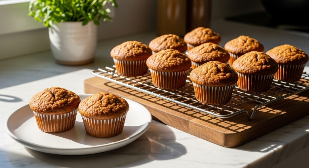 A beautifully composed 16:9 hero shot of freshly baked, perfectly golden-brown high protein chocolate muffins cooling on a wire rack placed on the same wooden cutting board. Two muffins are on a minimalist white plate beside the rack. Soft natural morning light streams in from the east window, creating warm tones and gentle shadows. Fresh herbs are visible in a ceramic bowl in the background, adding a touch of green to the clean and tidy marble countertops. The muffins look incredibly moist and deliciously appealing, without any visible hands.