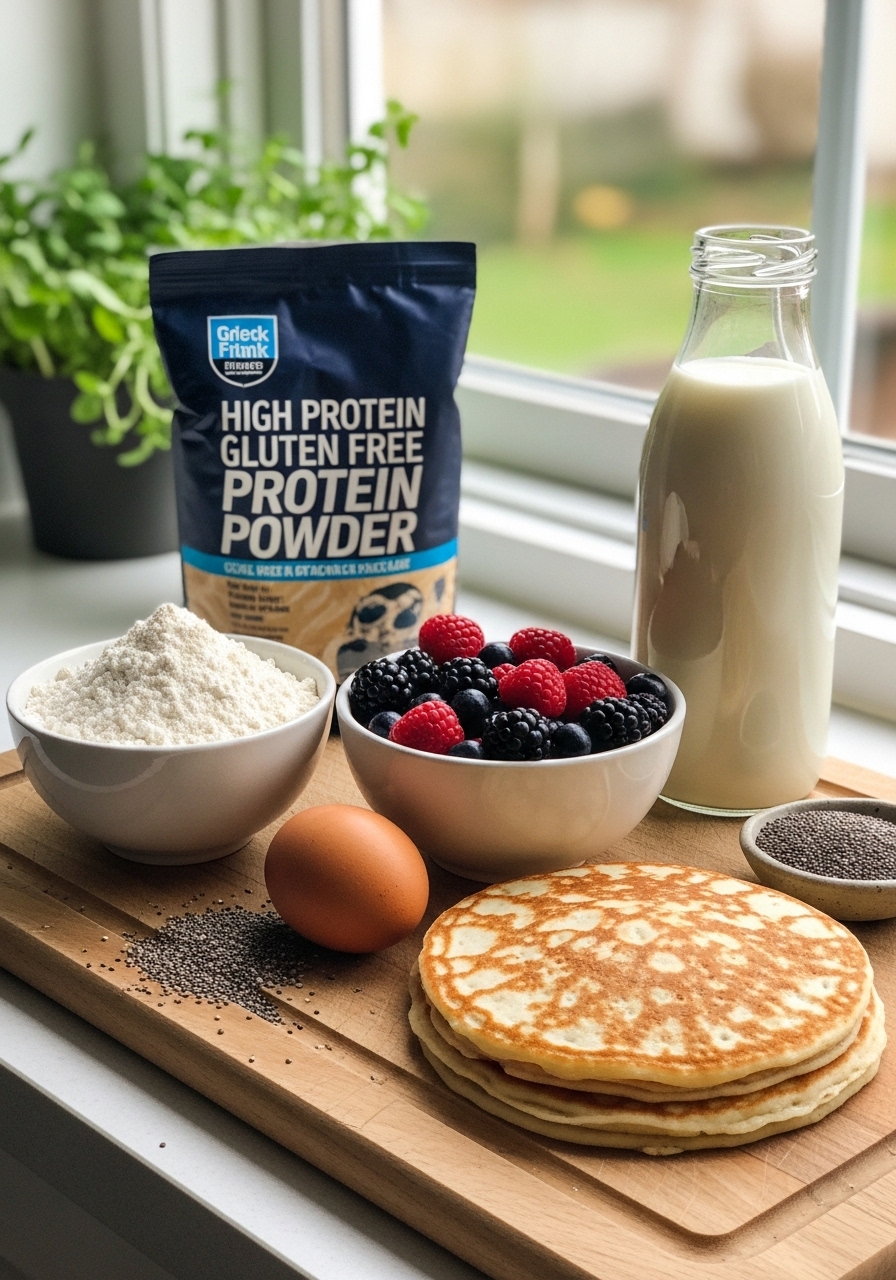 A visually appealing arrangement of key ingredients for High Protein Gluten Free Pancakes and Berry Chia Jam: gluten-free flour, protein powder, a bowl of fresh mixed berries, chia seeds, an egg, and a bottle of milk. All are artfully displayed on the same wooden cutting board, under soft natural morning light from the east window, with fresh herbs visible in the background.