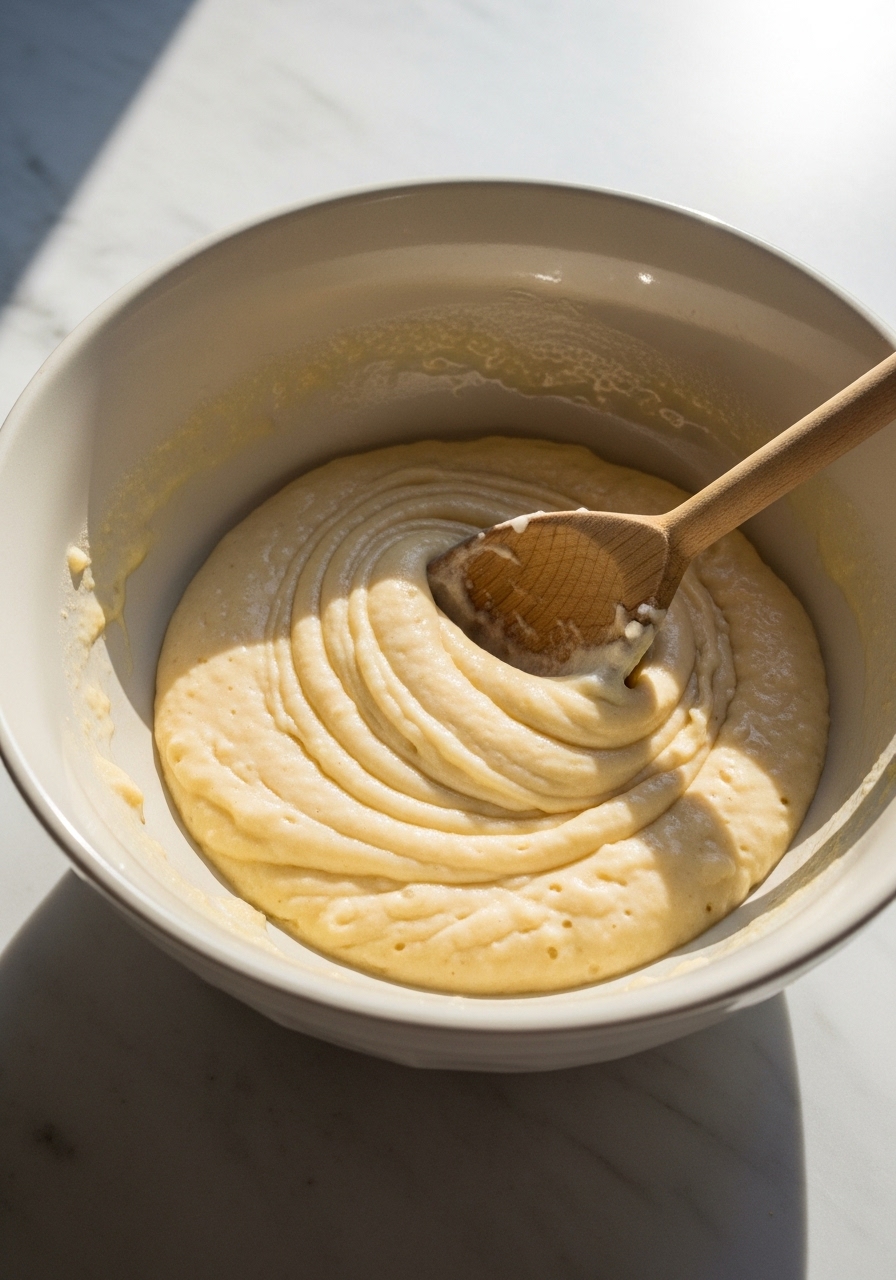 An action shot of pancake batter being gently folded with a wooden spoon in a ceramic bowl, showcasing the slightly lumpy, perfect consistency. The bowl sits on a pristine marble countertop, with natural morning light creating soft shadows. The overall presentation is clean and inviting, with a focus on the texture of the batter. NO HANDS.
