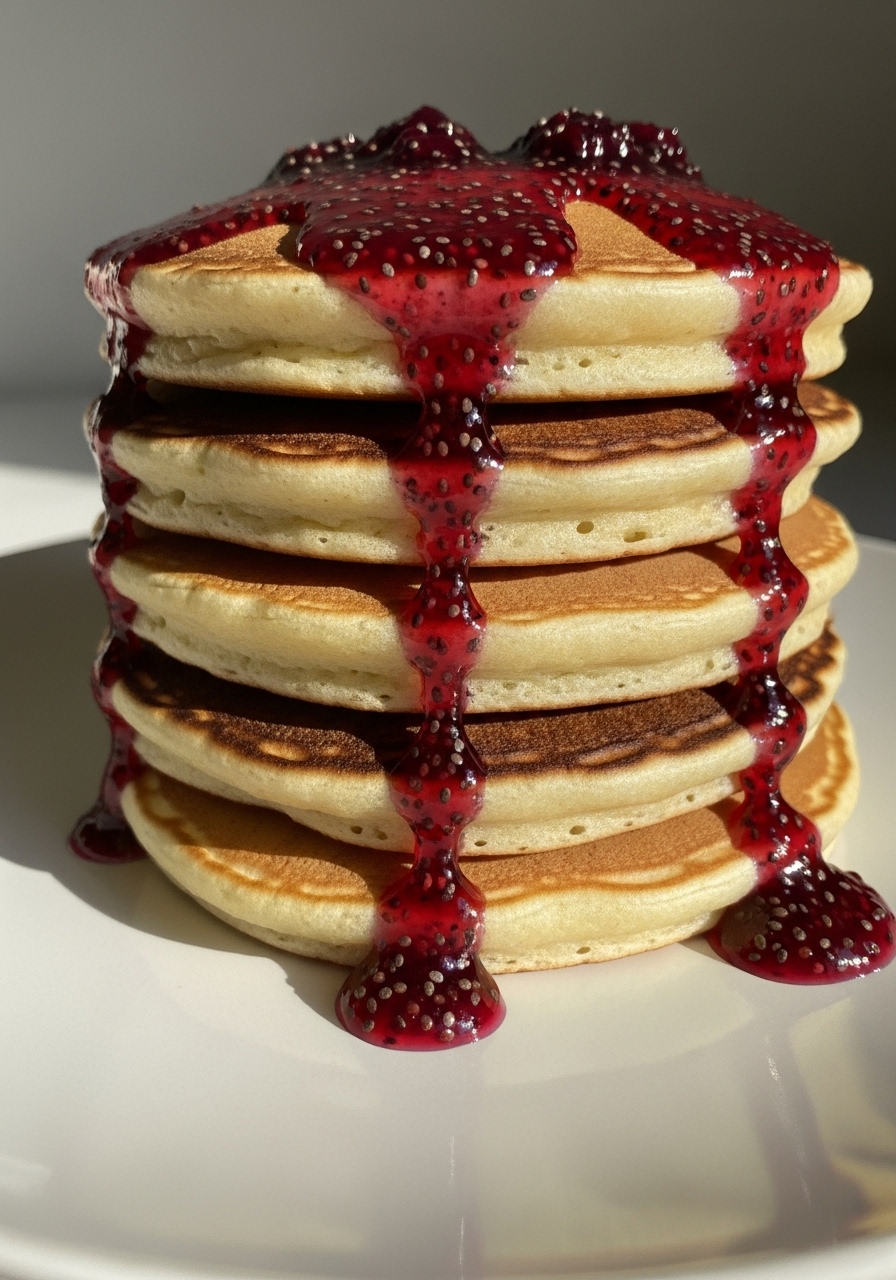 A close-up detail shot of a stack of fluffy High Protein Gluten Free Pancakes, showing off their perfectly golden-brown edges and the rich, vibrant texture of the Berry Chia Jam dripping down the sides. The pancakes are on a minimalist white plate, illuminated by soft natural morning light, emphasizing texture and deliciousness with warm tones and soft shadows. NO HANDS.