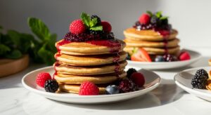 A beautifully plated stack of golden-brown High Protein Gluten Free Pancakes, generously topped with vibrant Berry Chia Jam and a scattering of fresh berries. The scene is bathed in natural morning light from the east window, resting on minimalist white plates on marble countertops with subtle wood accents. Fresh mint leaves are visible in the soft background, creating soft shadows and warm tones, with a clean and tidy presentation. NO HANDS.