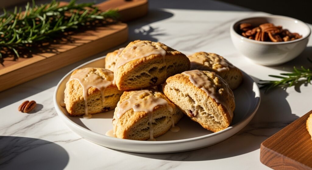 A beautifully arranged 16:9 shot of several golden brown high-protein maple pecan scones, freshly glazed, on a minimalist white plate. The plate sits on marble countertops with wood accents, bathed in natural morning light from an east window. Soft shadows are cast, and a small ceramic bowl filled with fresh pecans and a sprig of fresh rosemary is subtly visible in the background, adding a touch of green. The overall scene is clean, tidy, and has warm tones, emphasizing the deliciousness without any hands.