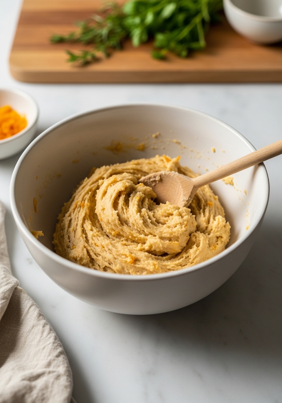 A dynamic, appetizing action shot showcasing the cookie dough being mixed in a minimalist ceramic bowl. The dough is visibly studded with orange zest, and a wooden spoon rests lightly in the bowl. This is captured on the marble countertops under the soft, natural morning light, with the wooden cutting board and fresh herbs creating a consistent background. The focus is on the lovely texture of the dough, suggesting an easy and delightful baking process, without any hands.