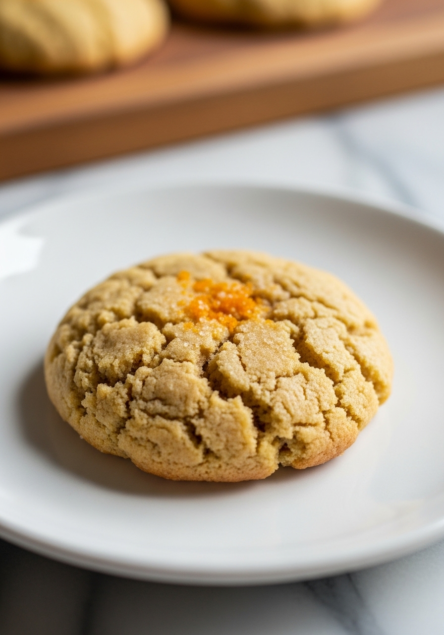An extreme close-up detail shot of a single, perfectly baked High-Protein Orange Blossom Cookie, showcasing its delicate, chewy texture, slightly crinkled surface, and a hint of golden-brown on the edges. A tiny sprinkle of orange zest or fine sugar dusts the top. The cookie rests on a minimalist white plate, placed on the marble countertops. The natural morning light highlights the cookie's delicious appeal and warm tones, with the wooden cutting board softly blurred in the background, without any hands.