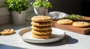 A beautifully composed hero shot of a stack of High-Protein Orange Blossom Cookies on a minimalist white plate, subtly drizzled with a light, barely-there glaze, positioned on clean marble countertops. The scene is bathed in soft, natural morning light from an east window, casting gentle shadows. Fresh herbs are visible in the background, and the same wooden cutting board is elegantly placed nearby. The cookies appear mouth-watering, with golden-brown edges and a soft, chewy interior, emphasizing a warm and inviting tone, without any hands.