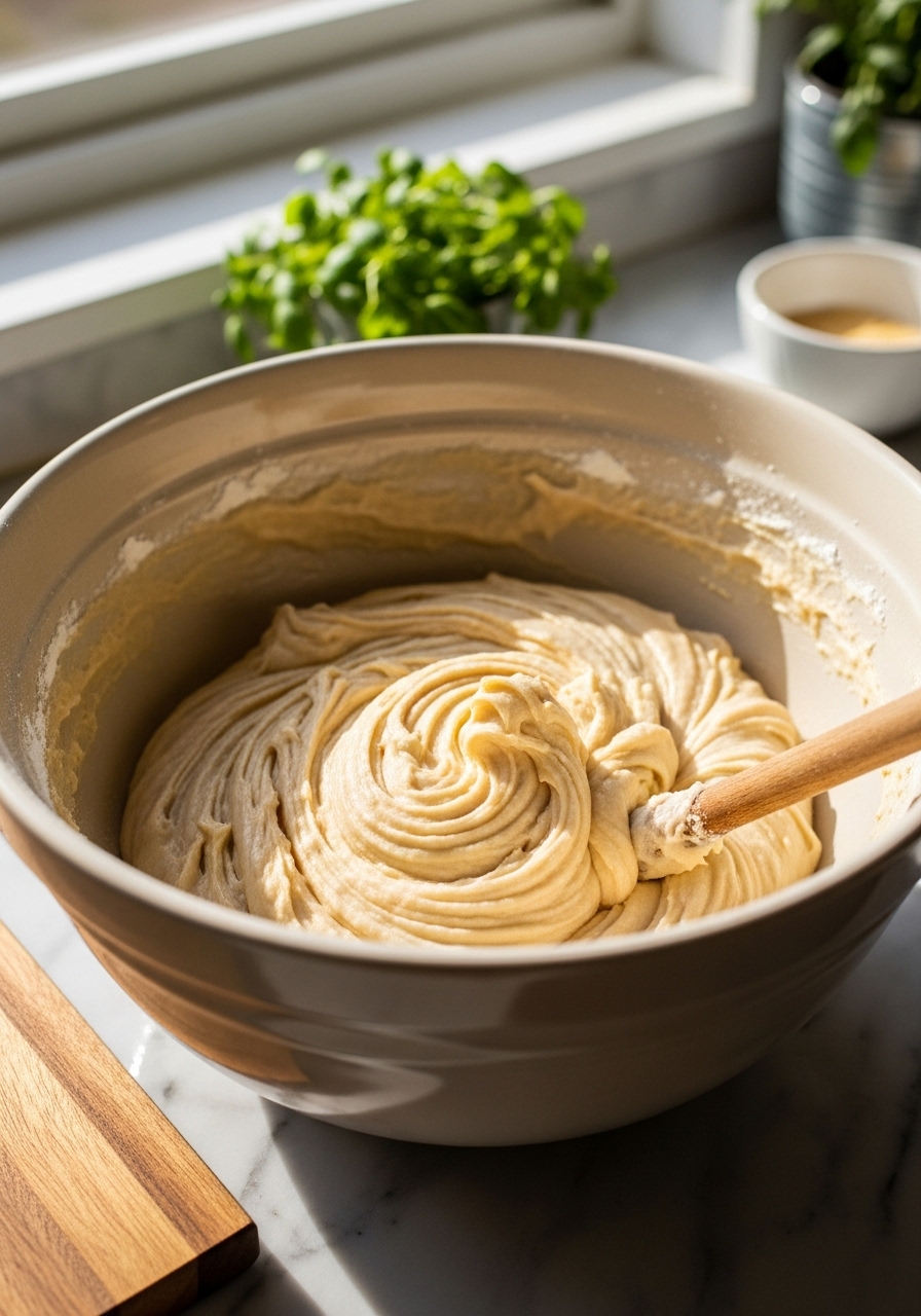 An action shot focusing on the texture of the Honey Almond Cake batter in a large ceramic bowl, after the dry and wet ingredients have just been combined. The batter is visibly smooth and fluffy, with a wooden spoon or spatula resting in it. The scene is set on a marble countertop with wood accents, bathed in soft, natural morning light from an east window. Fresh herbs are blurred gently in the background, showcasing a clean, tidy process with warm tones.