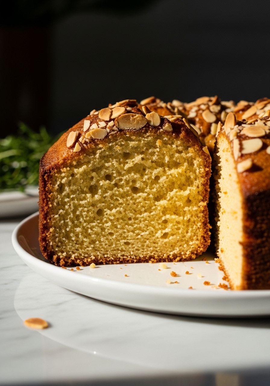A close-up, appetizing detail shot of a cross-section of the finished Honey Almond Cake, emphasizing its incredibly soft, moist, and tender crumb. The golden-brown crust and a sprinkle of slivered almonds on top are in sharp focus. The cake is resting on a minimalist white plate on a marble countertop, illuminated by natural morning light, with soft shadows and warm tones. A hint of fresh herbs is in the background.
