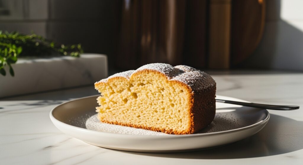 A beautifully plated slice of Honey Almond Cake, dusted lightly with powdered sugar, sitting on a minimalist white plate. The cake shows a visibly soft and moist crumb. The scene is bathed in natural morning light from an east window, with a marble countertop, wood accents, and a sprig of fresh herbs visible in the soft-shadowed background. Clean and tidy presentation, warm tones.