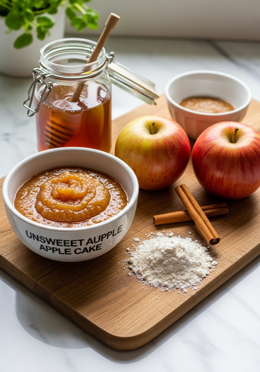 A beautifully composed flat lay of key ingredients for Honey Apple Butter Spice Cake: a ceramic bowl of unsweetened apple butter, a jar of honey, whole apples, cinnamon sticks, and a small pile of flour, all arranged on the wooden cutting board on marble countertops. Natural morning light from the east window illuminates the scene, creating soft shadows. Fresh herbs are subtly in the background. NO HANDS OR PEOPLE.