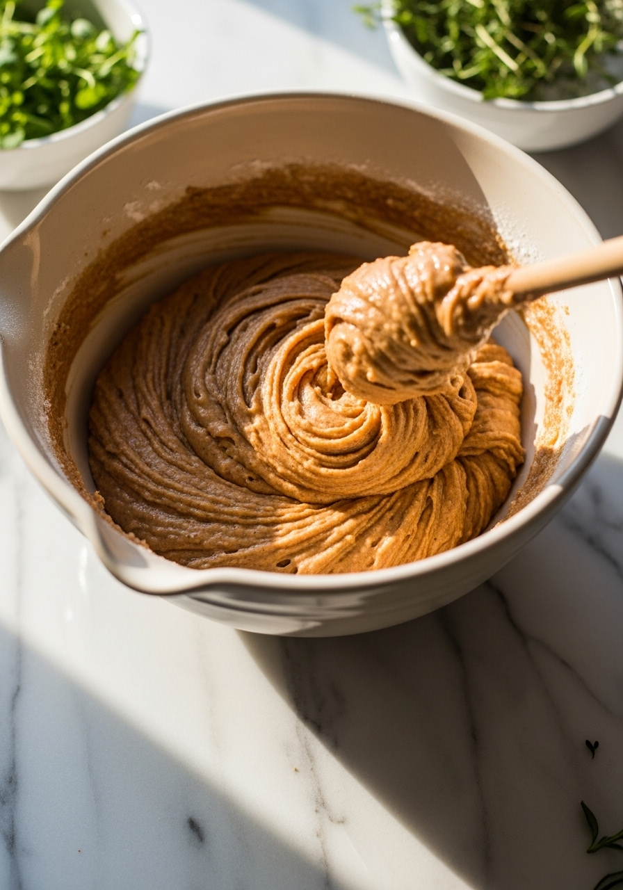 An action shot focusing on the mixing process for the Honey Apple Butter Spice Cake batter. A ceramic bowl filled with a rich, spiced batter is prominently featured on marble countertops. A wooden spoon or whisk is partially visible, implying movement, but NO HANDS. Natural morning light creates warm tones and soft shadows. Fresh herbs are visible in the background. The scene is clean and tidy. NO HANDS OR PEOPLE.