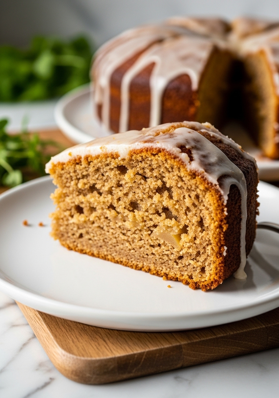 A close-up detail shot of a slice of Honey Apple Butter Spice Cake on a minimalist white plate, revealing its incredibly moist crumb and the glistening cream cheese glaze. The cake slice is positioned on the wooden cutting board against marble countertops. Natural morning light highlights the texture and warm tones. Fresh herbs are slightly blurred in the background, maintaining a clean and tidy presentation. NO HANDS OR PEOPLE.