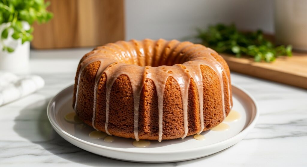 A beautifully styled hero shot of a golden-brown Honey Apple Butter Spice Cake, fully glazed and sitting on a minimalist white plate on marble countertops. Natural morning light casts soft shadows. Fresh herbs are visible in the background, along with a glimpse of the wooden cutting board. The presentation is clean, tidy, and exudes warm tones. NO HANDS OR PEOPLE.