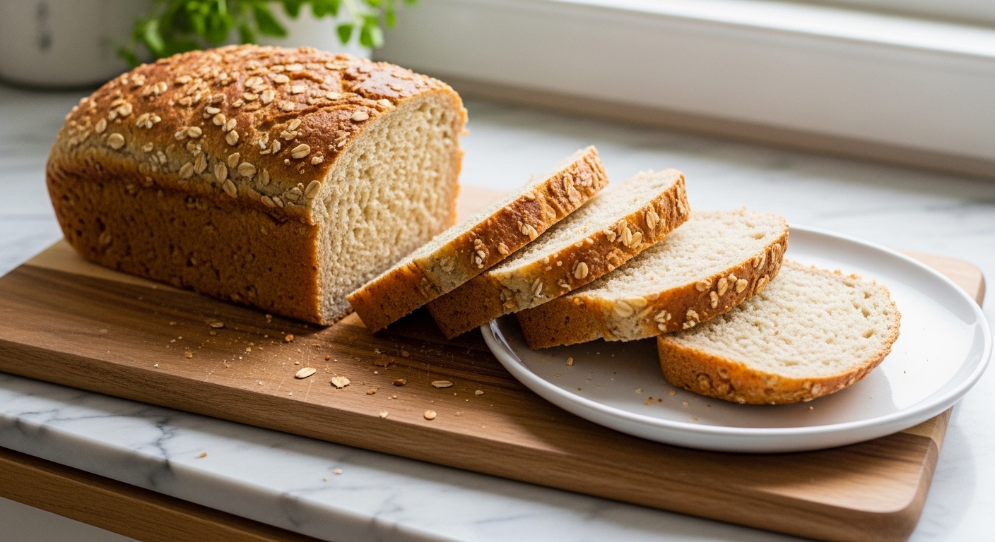 A beautifully baked, golden-brown Honey Oat Artisan Bread loaf, perfectly sliced, with a few slices artfully arranged on a minimalist white plate. It's placed on the same wooden cutting board on marble countertops with wood accents, bathed in natural morning light from the east window. Fresh herbs are visible in the soft-focused background, emphasizing a clean and tidy, yet inviting, presentation. No hands.