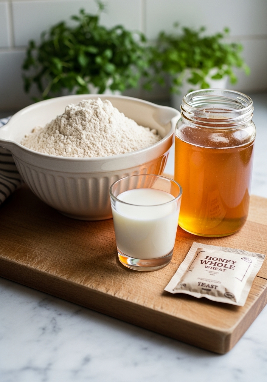 A rustic collection of key ingredients for honey whole wheat bread: a ceramic bowl overflowing with whole wheat flour, a jar of golden honey, a small glass of milk, and a package of yeast, all neatly arranged on the same wooden cutting board on marble countertops. Natural morning light illuminates the scene, with fresh herbs in the background. No hands.