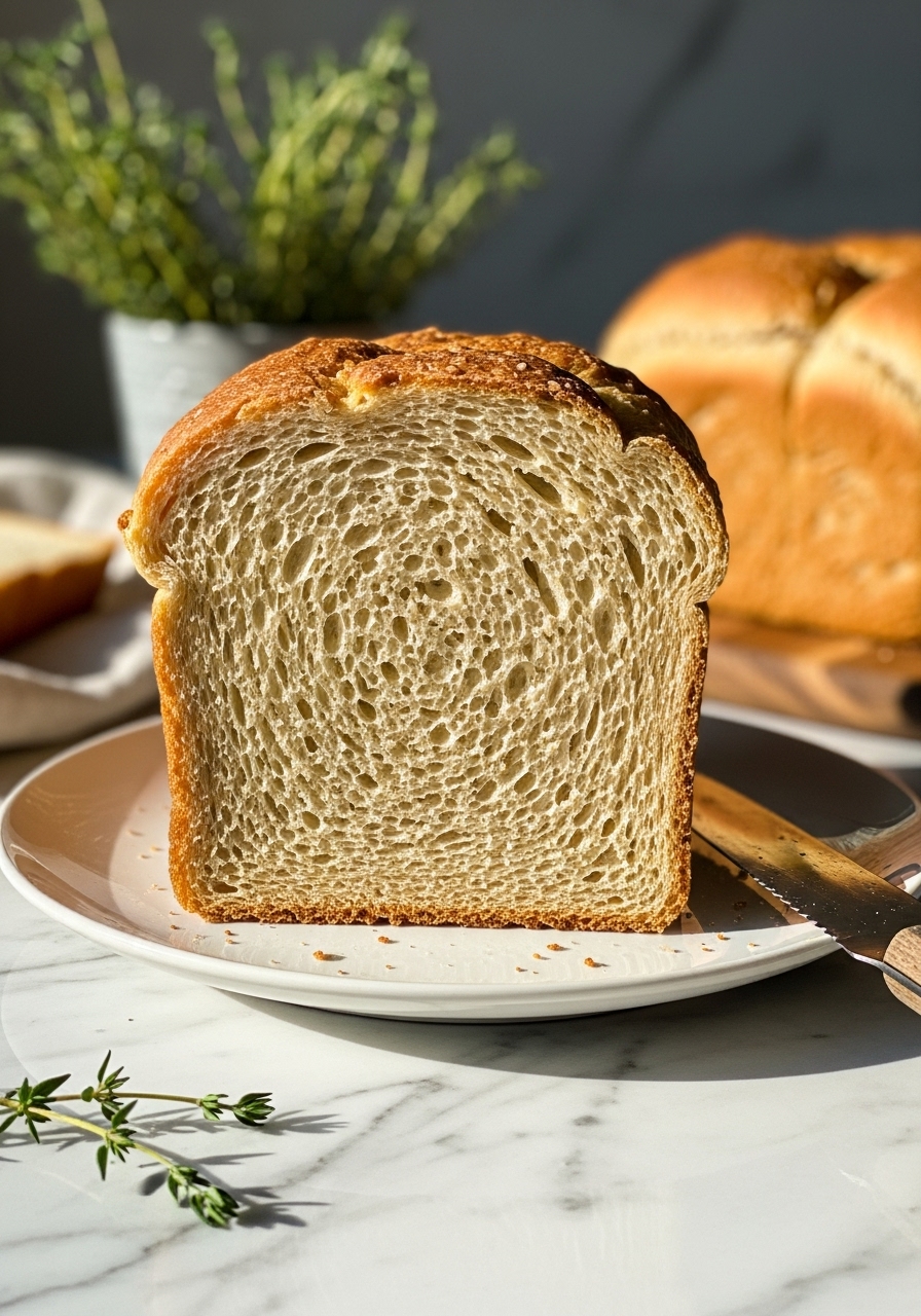 An inviting close-up of a thick slice of honey whole wheat bread, displaying its incredibly soft, airy crumb and subtle golden hue. It rests on a minimalist white plate, with a knife poised nearby. The scene is set on marble countertops with natural morning light, a hint of the wooden cutting board, and fresh thyme sprigs in the background, emphasizing deliciousness. No hands.