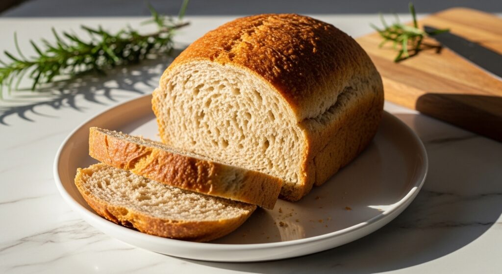 A beautifully baked golden brown honey whole wheat bread loaf, perfectly sliced to show its soft, tender crumb, resting on a minimalist white plate on marble countertops. Natural morning light casts soft shadows. A sprig of fresh rosemary is subtly visible in the background, next to the same wooden cutting board. The scene is clean and tidy with warm tones, evoking deliciousness and comfort. No hands.