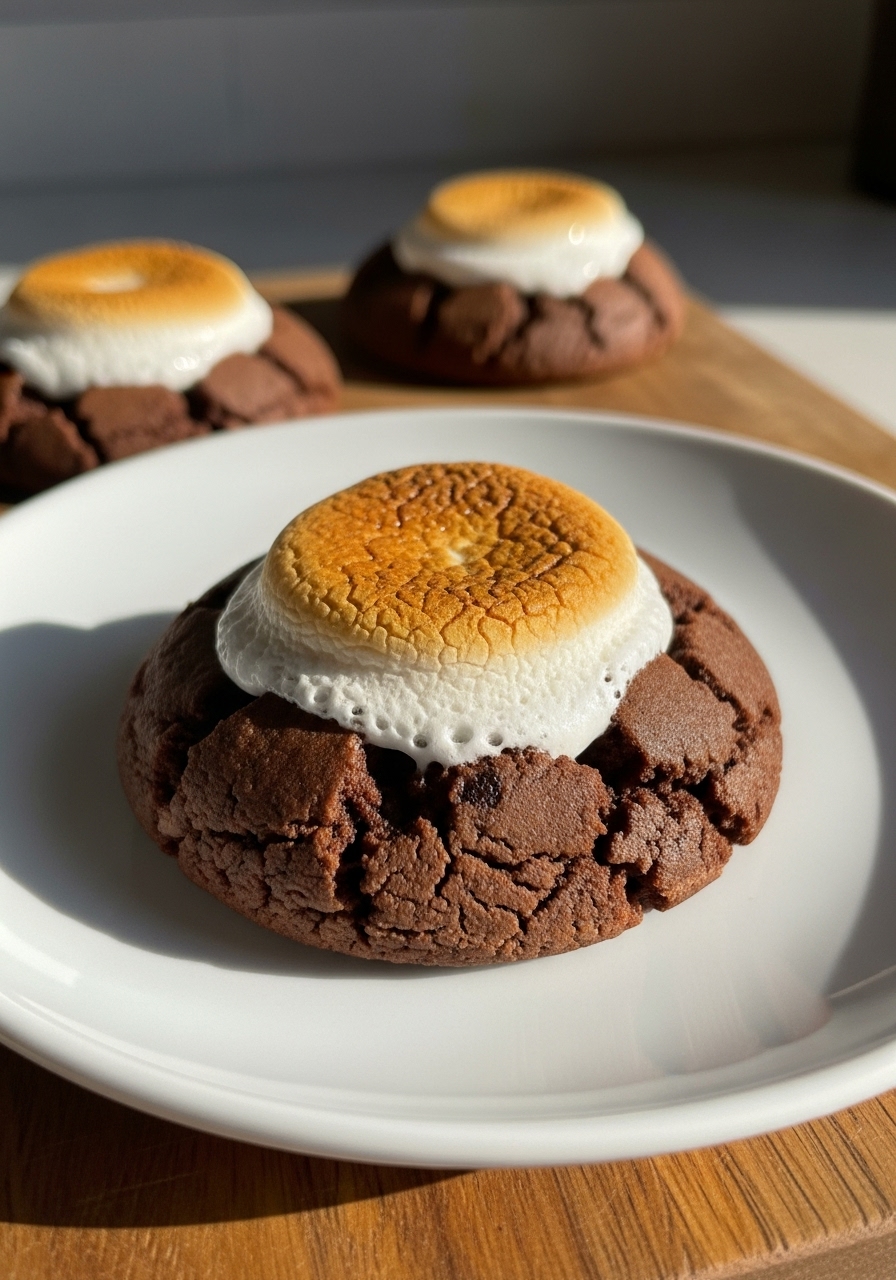 An insanely yummy 3:4 close-up detail shot of a single Hot Cocoa Cookie with a perfectly puffed and golden toasted marshmallow on top, slightly gooey and melted. The cookie sits on a minimalist white plate, with another cookie blurred softly in the background, all resting on the same wooden cutting board under gentle natural morning light. The shot emphasizes texture, warm tones, and a clean presentation.