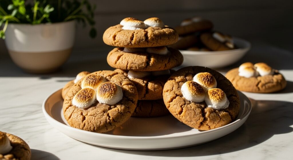 A beautifully composed 16:9 shot of a stack of golden brown Hot Cocoa Cookies, some with perfectly toasted marshmallows, on a minimalist white plate on marble countertops. Natural morning light from the east window creates soft shadows. Fresh herbs are subtly visible in a ceramic bowl in the background. The scene is warm-toned, clean, and tidy, exuding delicious appetite appeal.