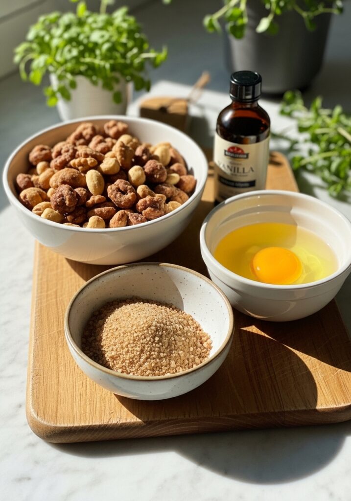 How to Candy Nuts
An artful arrangement of key ingredients for candying nuts: a bowl of mixed nuts, a small bowl of granulated and brown sugar mixed with spices, an egg white in a ceramic bowl, and a bottle of vanilla extract, all resting on the same wooden cutting board. Fresh herbs are visible in the background, with natural morning light creating soft shadows on the marble countertops. NO HANDS.