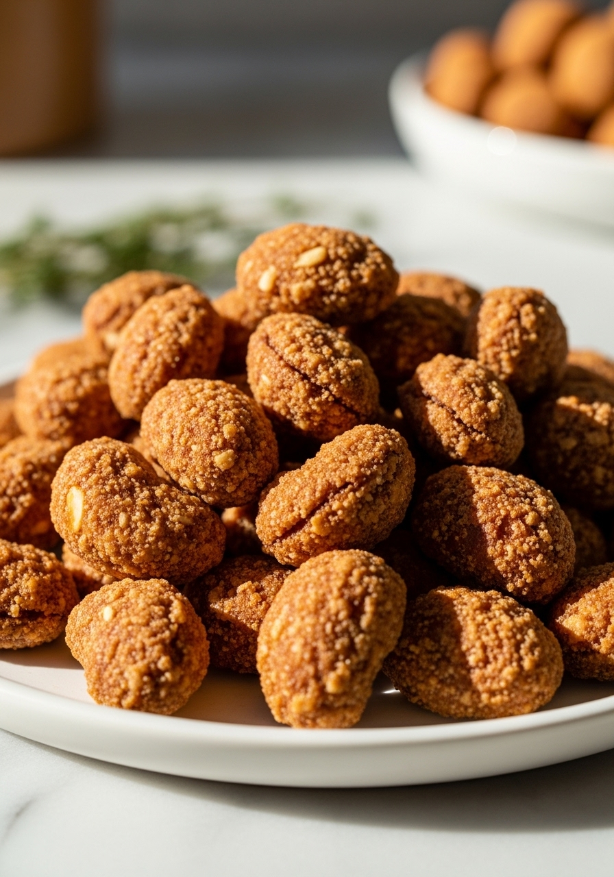 A super close-up, mouth-watering shot of a pile of golden-brown, perfectly crisp candied nuts, showcasing their sugary, spiced coating and varied textures. The nuts are piled on a minimalist white plate, with a hint of fresh thyme in the softly blurred background, on marble countertops. Natural morning light from the east window creates warm tones and soft shadows. NO HANDS.
