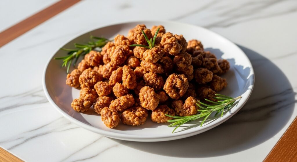 A beautifully plated heap of golden brown, deliciously appealing candied nuts on a minimalist white plate, adorned with a few fresh rosemary sprigs, resting on marble countertops with subtle wood accents. Natural morning light from the east window casts soft shadows. The overall presentation is clean, tidy, and warm-toned, emphasizing the nuts' glistening coating and irresistible crunch. NO HANDS.