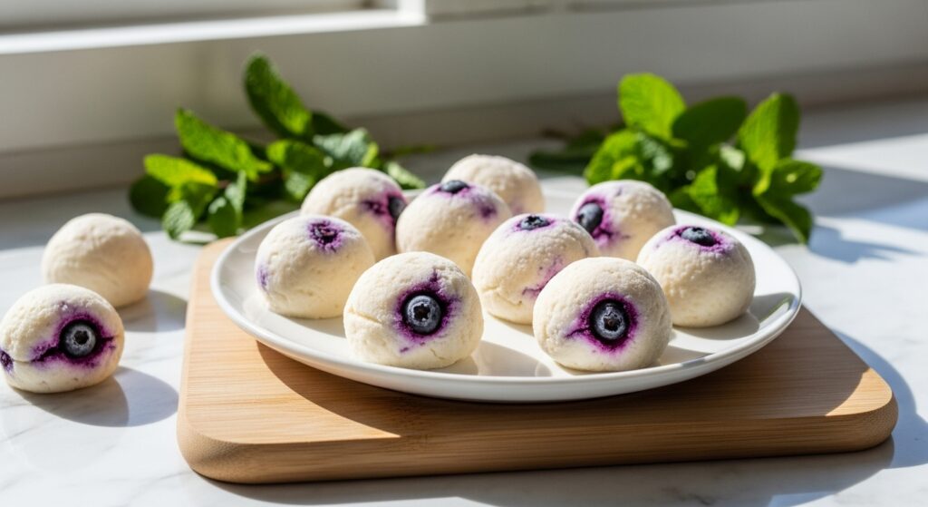 A beautifully arranged spread of finished, perfectly frozen lemon blueberry yogurt bites on a minimalist white plate, placed on a light wooden cutting board on a marble countertop. The scene is bathed in soft natural morning light from an east window, casting gentle shadows. Fresh mint leaves are artfully scattered in the background, adding a pop of green, consistent with a clean and tidy presentation. The bites have a delicious, creamy texture and vibrant blueberry pockets.