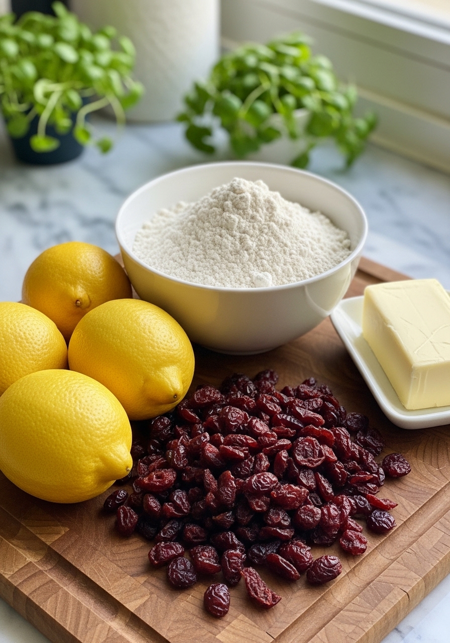 A 3:4 shot of key ingredients: bright yellow lemons, vibrant red dried cranberries, a bowl of gluten-free flour, and a stick of softened butter, artfully arranged on the wooden cutting board. Natural morning light from the east window illuminates the scene, highlighting the textures, with the marble countertops and fresh herbs visible in the background.