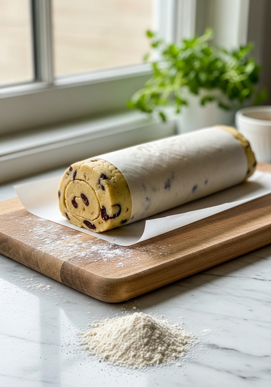 A 3:4 shot of a perfectly formed, chilled log of lemon cranberry shortbread cookie dough, wrapped in parchment paper and resting on the wooden cutting board, ready for slicing. A light dusting of gluten-free flour is on the marble countertops beside it, all bathed in soft natural morning light from the east window. Fresh herbs are blurred in the background, creating a warm, clean, and tidy presentation without any hands.