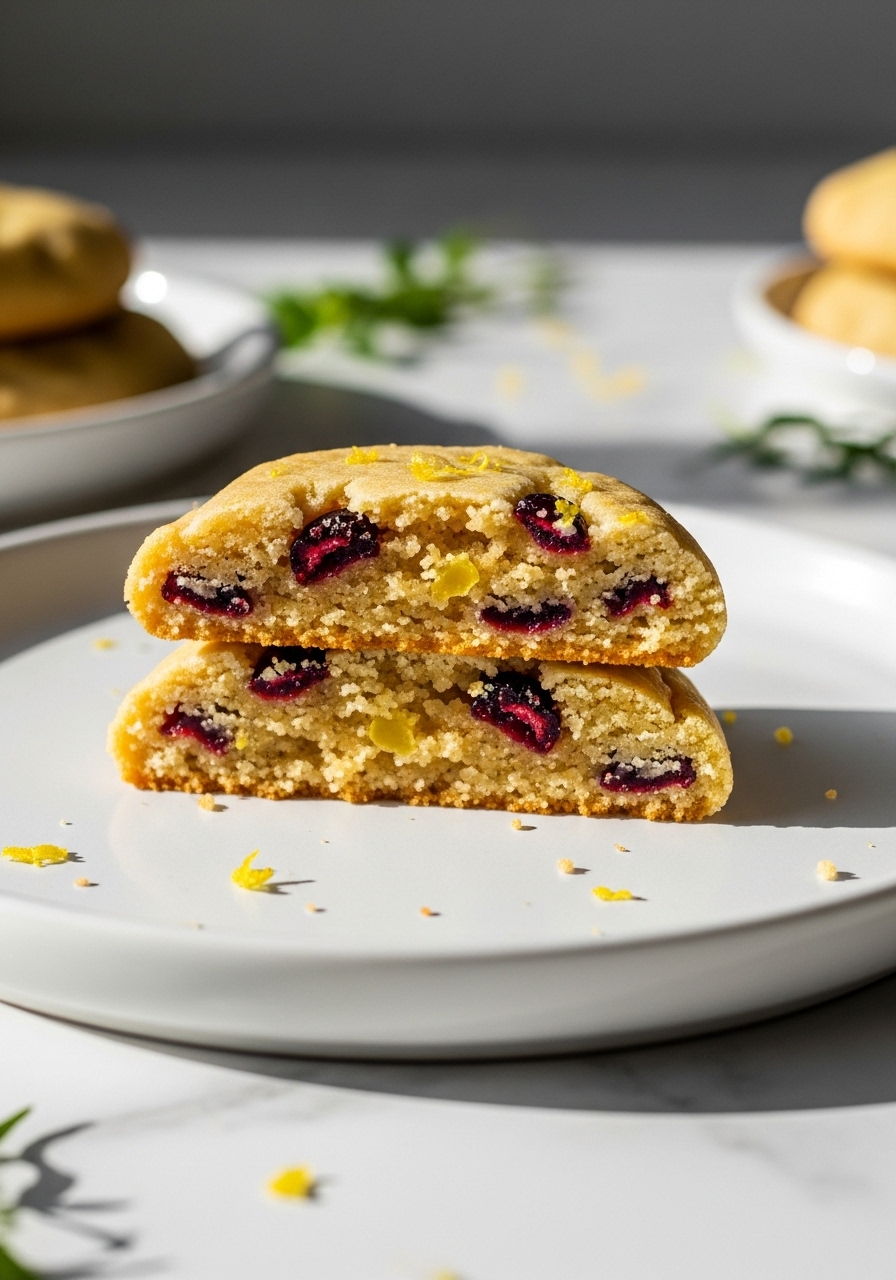 A detailed 3:4 close-up shot of a single, golden-brown lemon cranberry shortbread cookie, broken in half to reveal its tender, crumbly texture and the delicious specks of red cranberry and yellow lemon zest inside. It rests on a minimalist white plate, with soft natural morning light from the east window creating gentle shadows on the marble countertops, and hints of fresh herbs in the background. No hands are visible.
