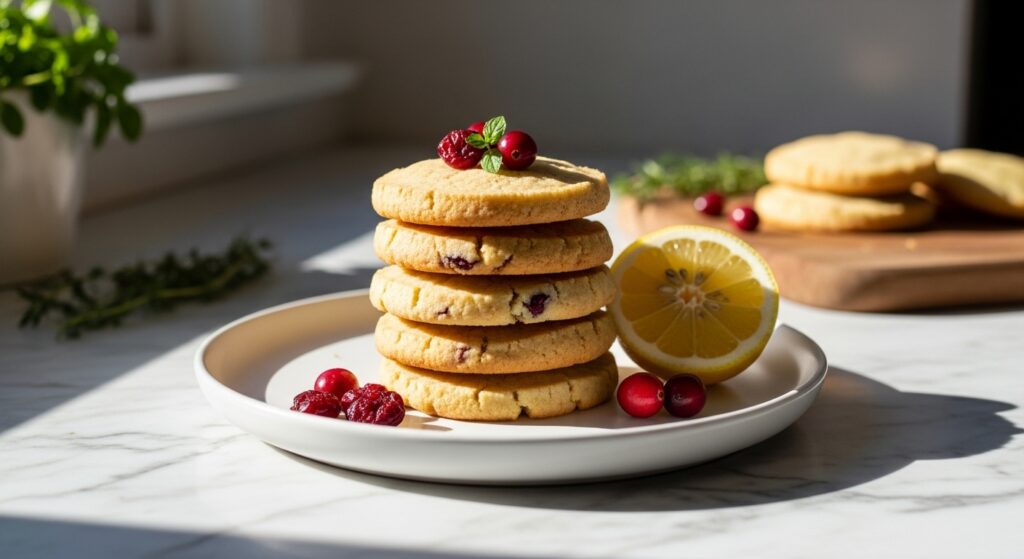 A beautifully composed 16:9 hero shot of a stack of golden-brown lemon cranberry shortbread cookies on a minimalist white plate, adorned with a few fresh cranberries and a slice of lemon. The scene is bathed in natural morning light from an east window, casting soft shadows on the marble countertops. Fresh herbs are subtly visible in the background, with the same wooden cutting board peeking out, creating a warm and clean presentation without any hands.