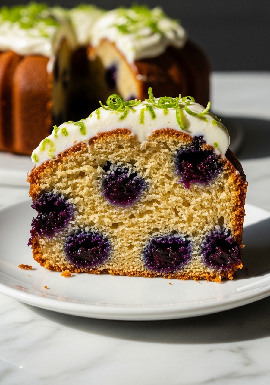 A tight, detailed close-up of a slice of the golden brown Lime Blueberry Pound Cake, emphasizing its moist, tender crumb with perfectly distributed, bursting blueberries. The creamy white lime cream cheese frosting is visible, along with delicate green lime zest curls on top. The slice rests on a minimalist white plate on a marble countertop, reflecting natural morning light and soft shadows, making it look incredibly yummy. No hands.