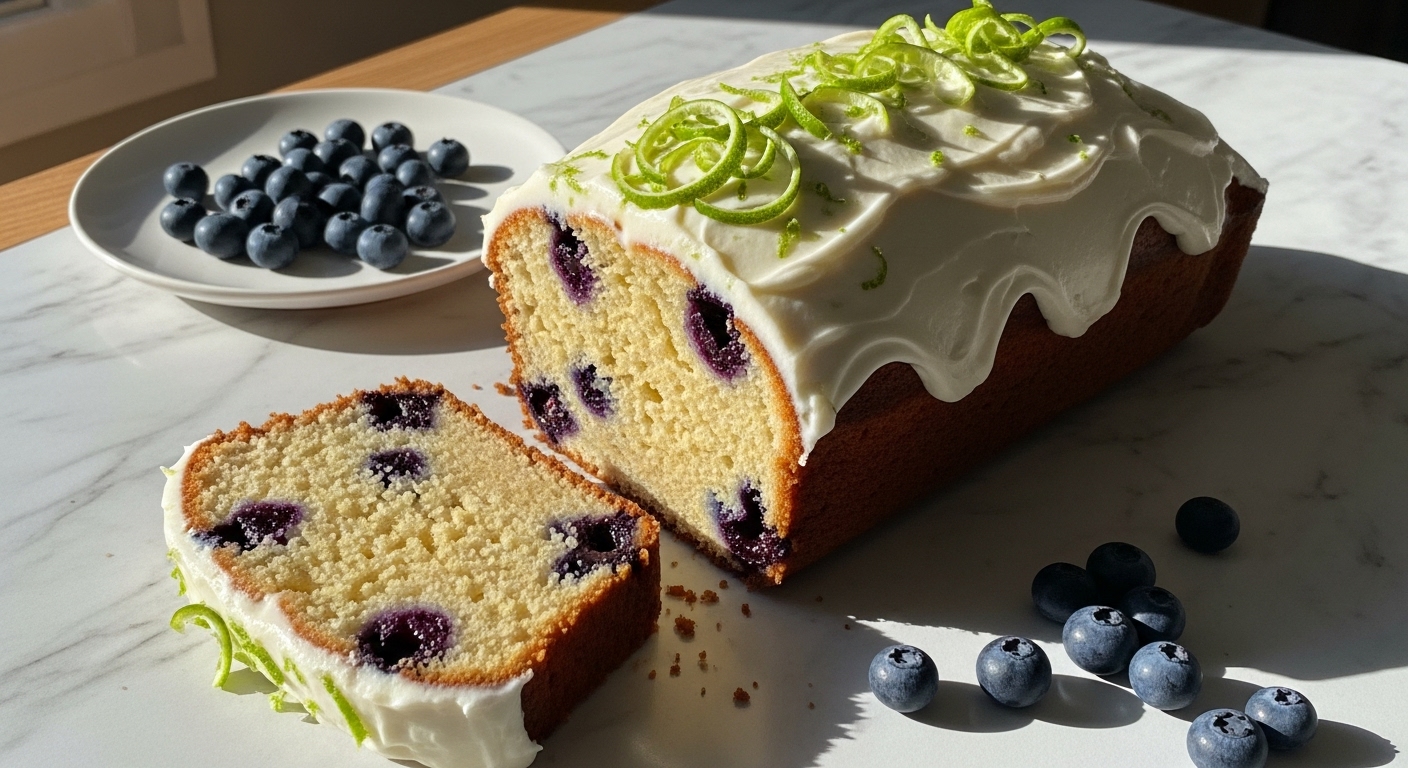 A deliciously appealing golden brown Lime Blueberry Pound Cake loaf, generously coated with a smooth, thick white cream cheese frosting, and vibrantly garnished with fresh green lime zest curls. A single, perfectly cut slice sits next to the loaf, showcasing its tender, blueberry-studded interior. Fresh blueberries are scattered nearby on a minimalist white plate. The scene is captured on a marble countertop with subtle wood accents, bathed in natural morning light from an east window, with soft shadows and warm tones, reflecting a clean and tidy presentation. No hands.