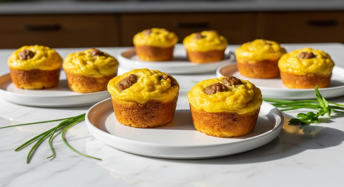 A beautiful, artfully arranged 16:9 shot of several golden brown, fluffy maple sausage and egg muffins displayed on minimalist white plates on marble countertops. Natural morning light casts soft shadows. A sprig of fresh herbs like chives or parsley is artfully placed beside the plates. The background features warm wooden accents and feels clean, tidy, and inviting, showcasing genuine love for homemade breakfast.