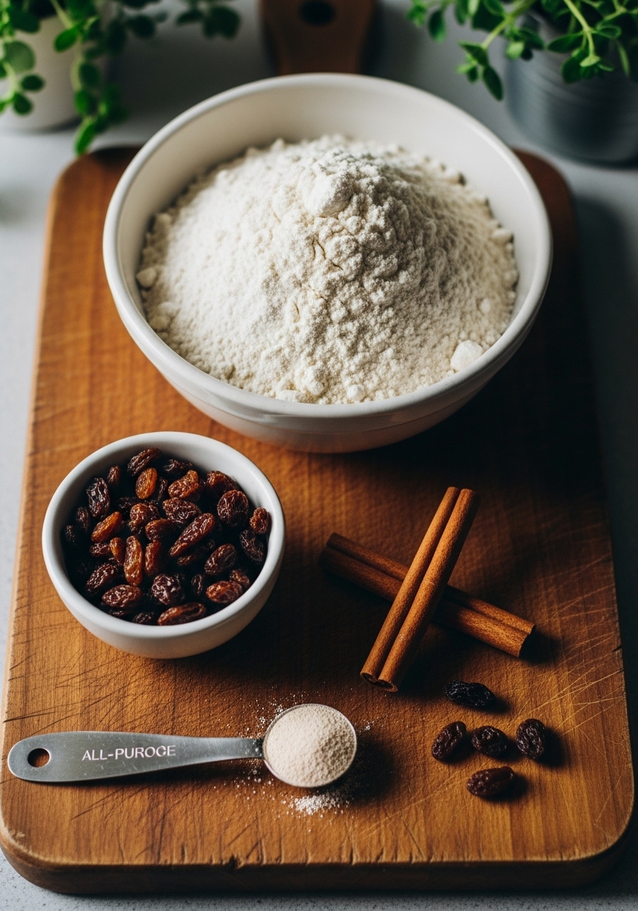 A beautifully arranged flat lay of key ingredients for No Knead Cinnamon Raisin Bread: a ceramic bowl of all-purpose flour, a small bowl of plump raisins, cinnamon sticks, and a measuring spoon with yeast, all neatly placed on the wooden cutting board. Natural morning light highlights the textures. Fresh herbs are subtly visible in the background, creating a cozy, authentic kitchen scene with soft shadows and warm tones, no hands visible.