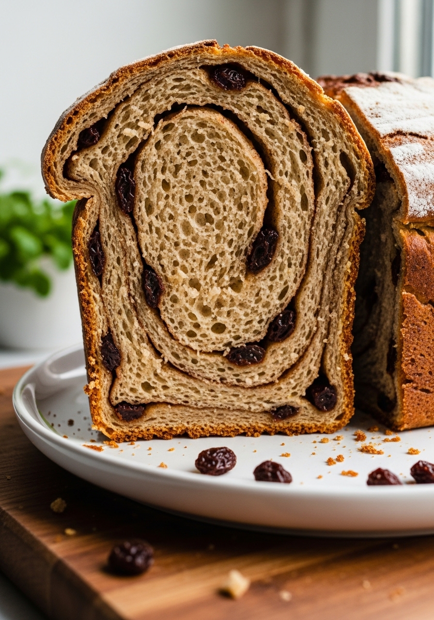 A highly detailed, mouth-watering close-up of a slice of warm No Knead Cinnamon Raisin Bread, showing the moist, tender crumb, visible cinnamon swirls, and juicy raisins. The slice is artfully leaning against the rustic loaf on a minimalist white plate, placed on the wooden cutting board. Soft natural morning light from the east window emphasizes the golden crust and warm tones. A few scattered crumbs add to the authentic, lived-in feel, with fresh herbs in the soft background, no hands visible.