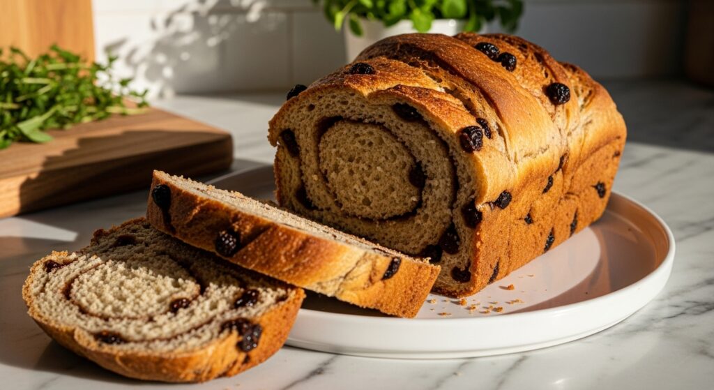 A rustic, mouth-watering loaf of No Knead Cinnamon Raisin Bread, beautifully sliced to reveal its tender, cinnamon-swirled interior and plump raisins. It's perfectly golden brown on a minimalist white plate, placed on marble countertops with wood accents. Natural morning light streams in from the east window, casting soft shadows. Fresh herbs are visible in the background, out of focus. The scene is clean and tidy with warm tones, no hands visible.
