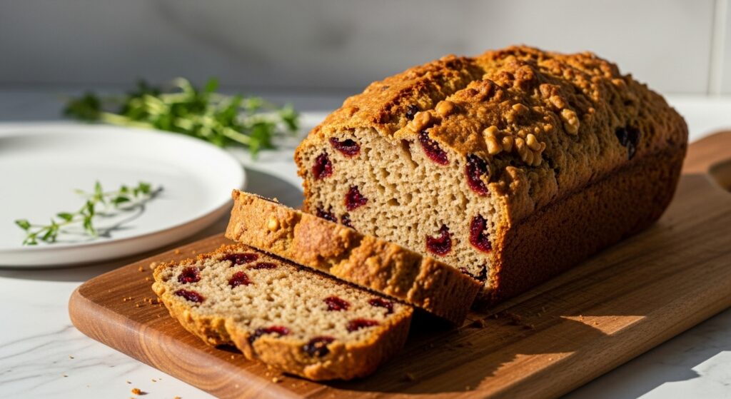 A beautifully styled horizontal shot of a golden-brown No Knead Cranberry Nut Bread loaf, artfully sliced on the same wooden cutting board, revealing the tender crumb with visible cranberries and nuts. It's arranged on a minimalist white plate, with fresh herbs subtly in the soft-focused background, bathed in natural morning light on marble countertops, creating warm tones and soft shadows. NO HANDS.